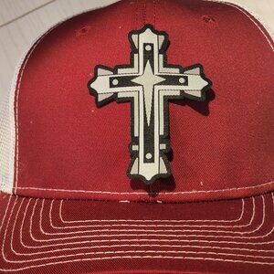 Cross Patched Cardinal Red White Low Profile Mesh Snapback Trucker Hat